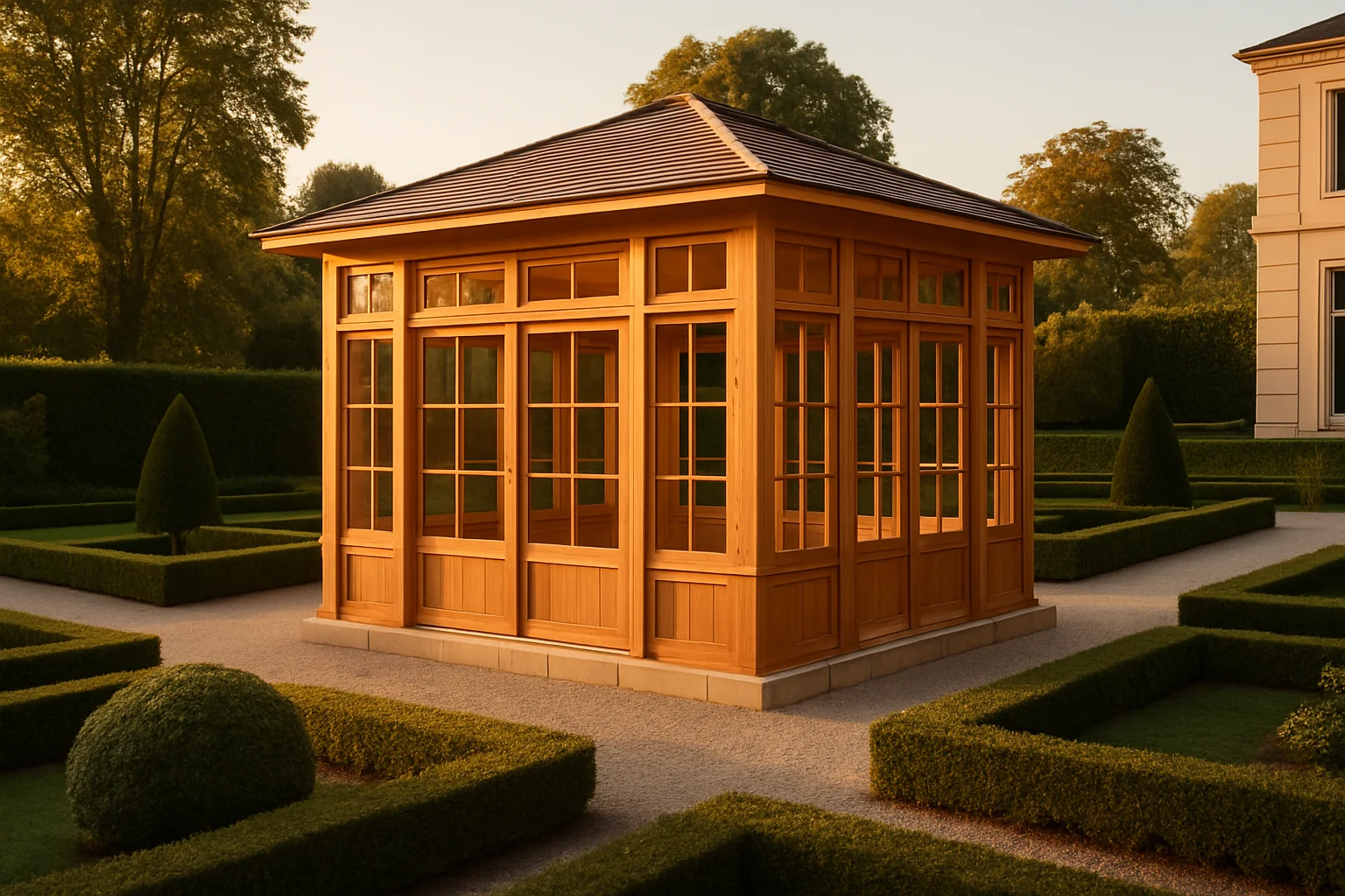 Pavillon de réception en bois 6x6 m avec grandes baies vitrées